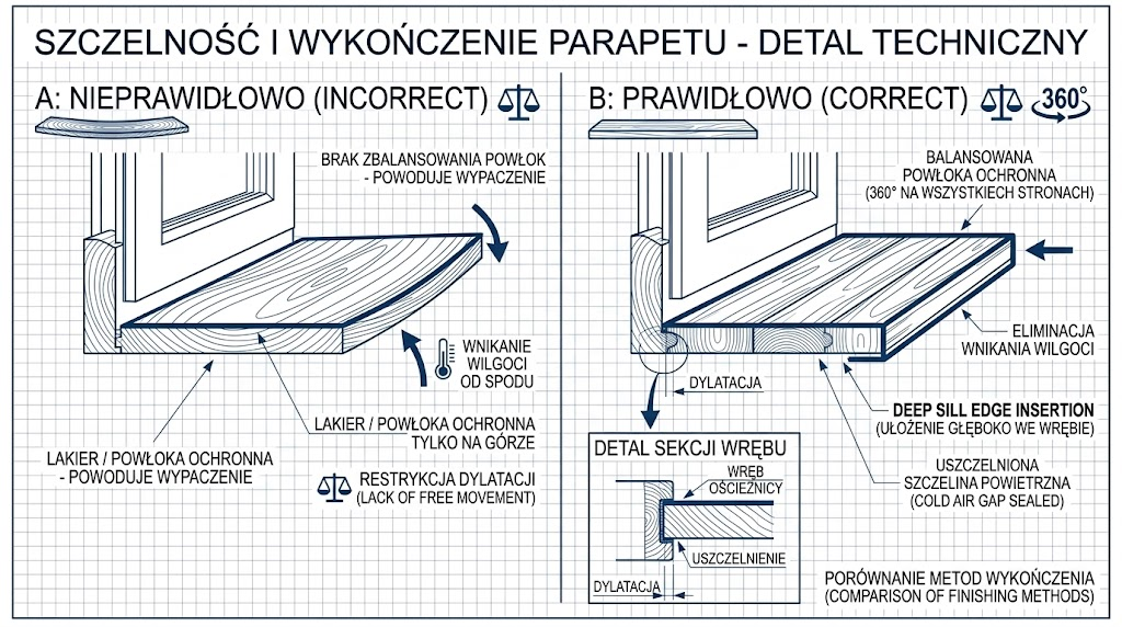 Schemat: nieprawidłowe vs prawidłowe wykończenie i montaż parapetu drewnianego — powłoka 360°, dylatacja we wrębie, uszczelnienie