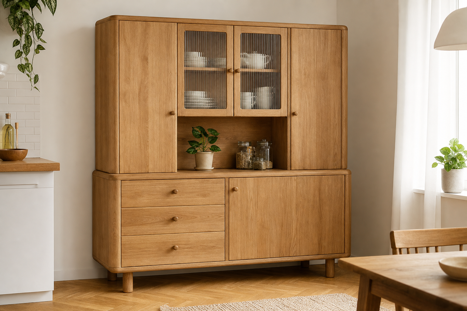 Kredens dębowy w stylu retro PRL — widok z naczyniami w przeszklonej górnej części, Five Colors of Wood