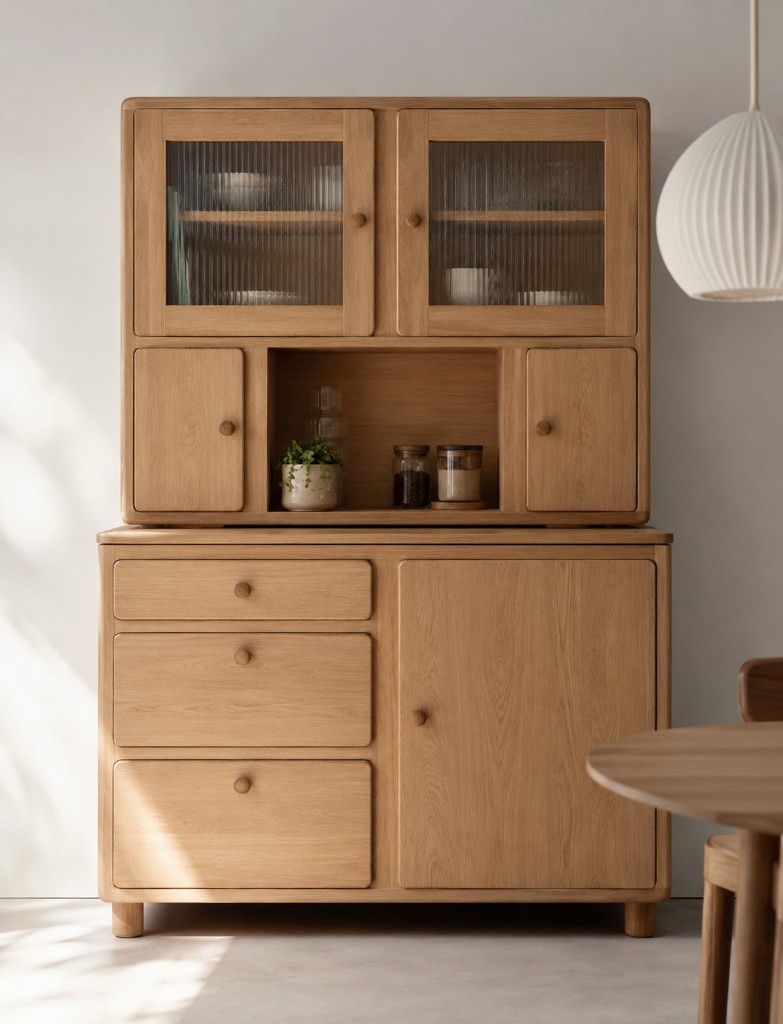 Kredens kuchenny Retro Modern z litego drewna — widok z naczyniami w przeszklonej górnej części, Five Colors of Wood