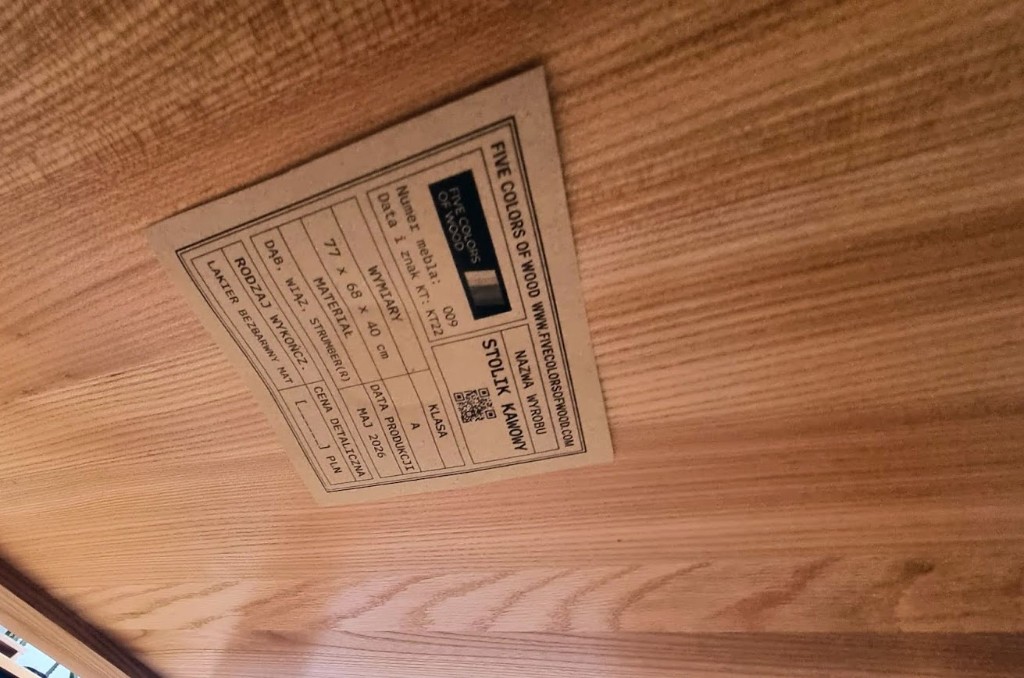 Etykieta producenta stolika kawowego Five Colors of Wood — dąb, wiąz, Strumber