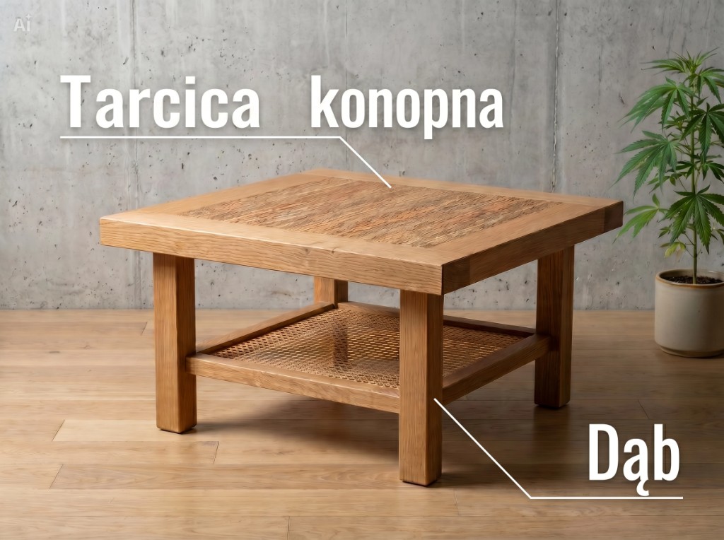 Stolik kawowy z tarcicy konopnej — podpisy materiałów: tarcica konopna i dąb