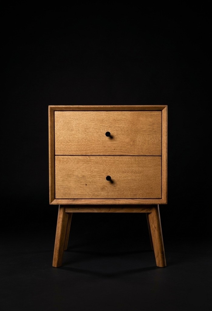 Szafka nocna Mid Century z litego dębu — widok boczny z detalem połączeń stolarskich
